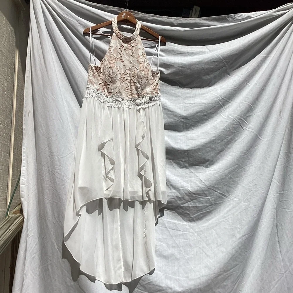 Jodi Kristopher tan and off white lace formal dress, size 15 - Picture 1 of 10